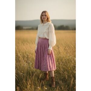 Vintage L.L Bean Calico Floral Cotton Prairie Midi Skirt Pink Cottagecore USA 12